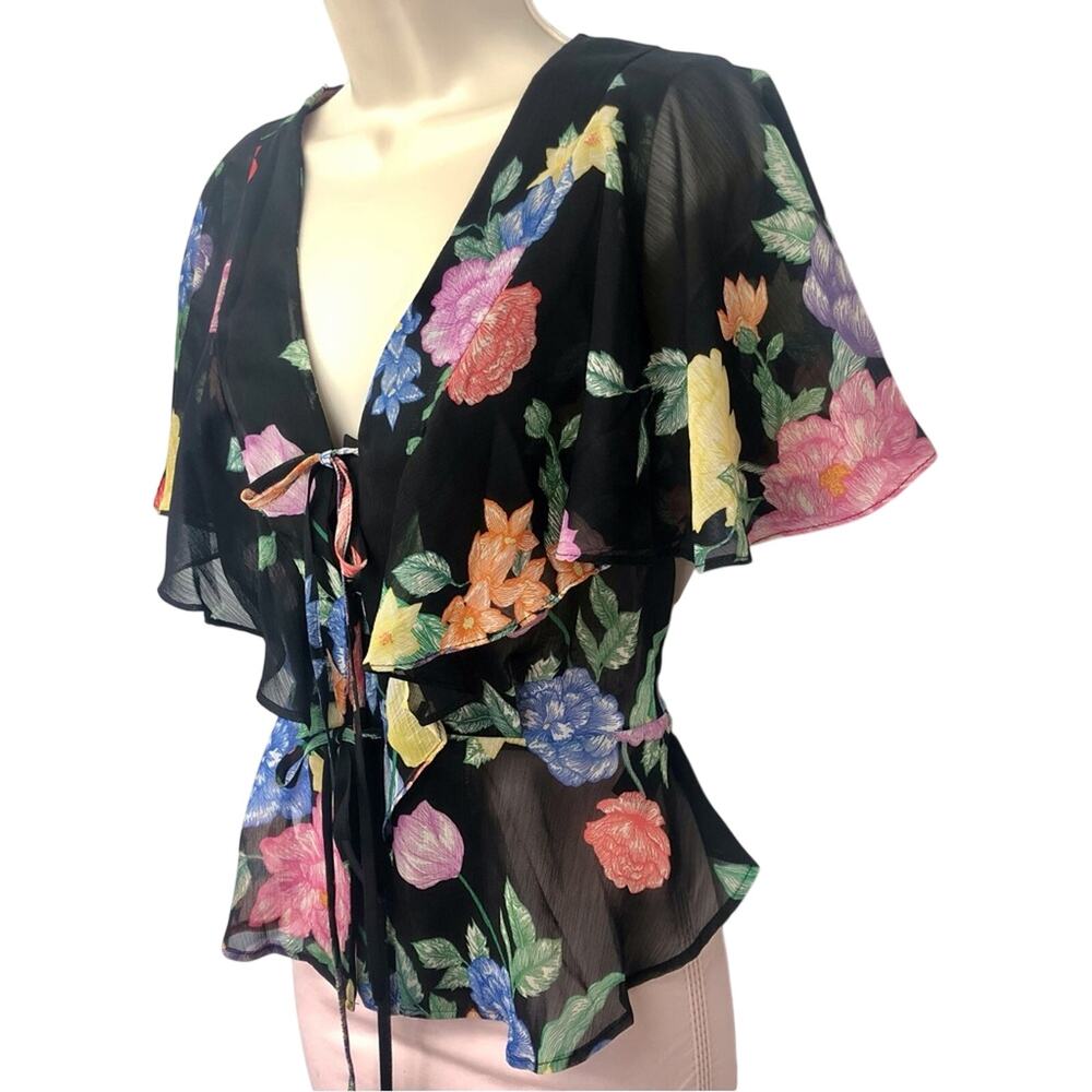 NWT Topshop Sheer Black Floral Flutter Sleeve Top Feminine Flirty Fun - Picture 3 of 16